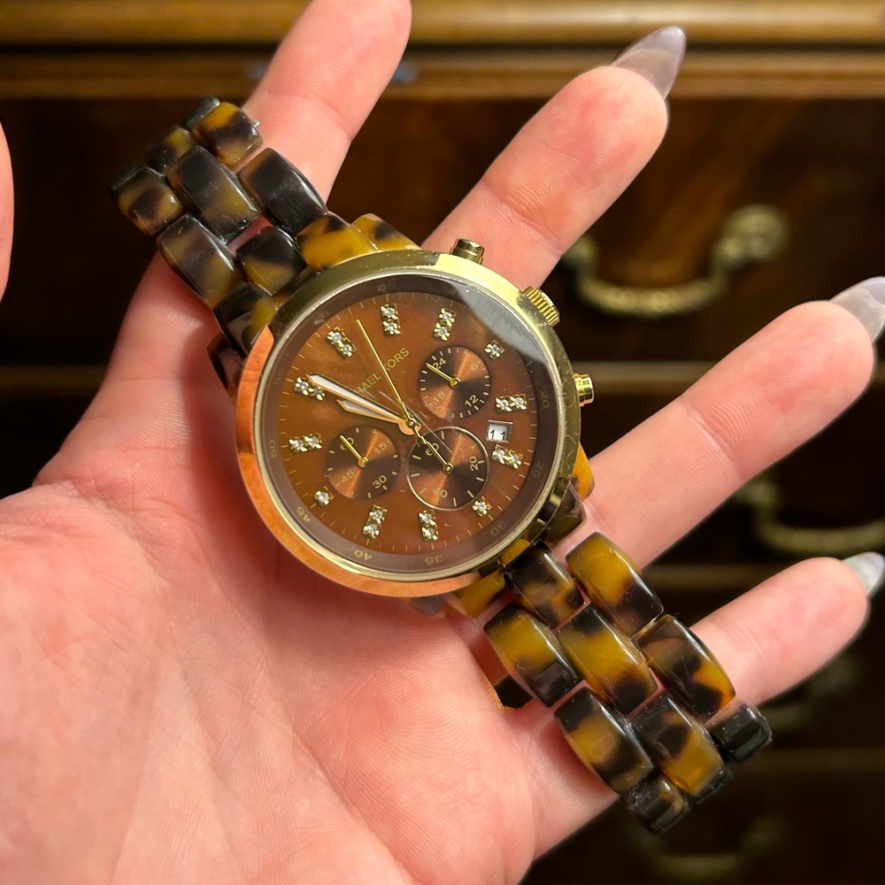Michael Kors Acrylic Tortoise and Gold Crystal Studded Watch